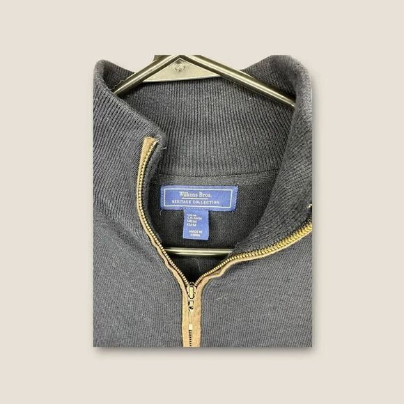 Wilkins Bros. 1/4 ZIP Sweater Mens M Navy Blue  Cotton Elbow Patches Med Weight - Picture 3 of 4
